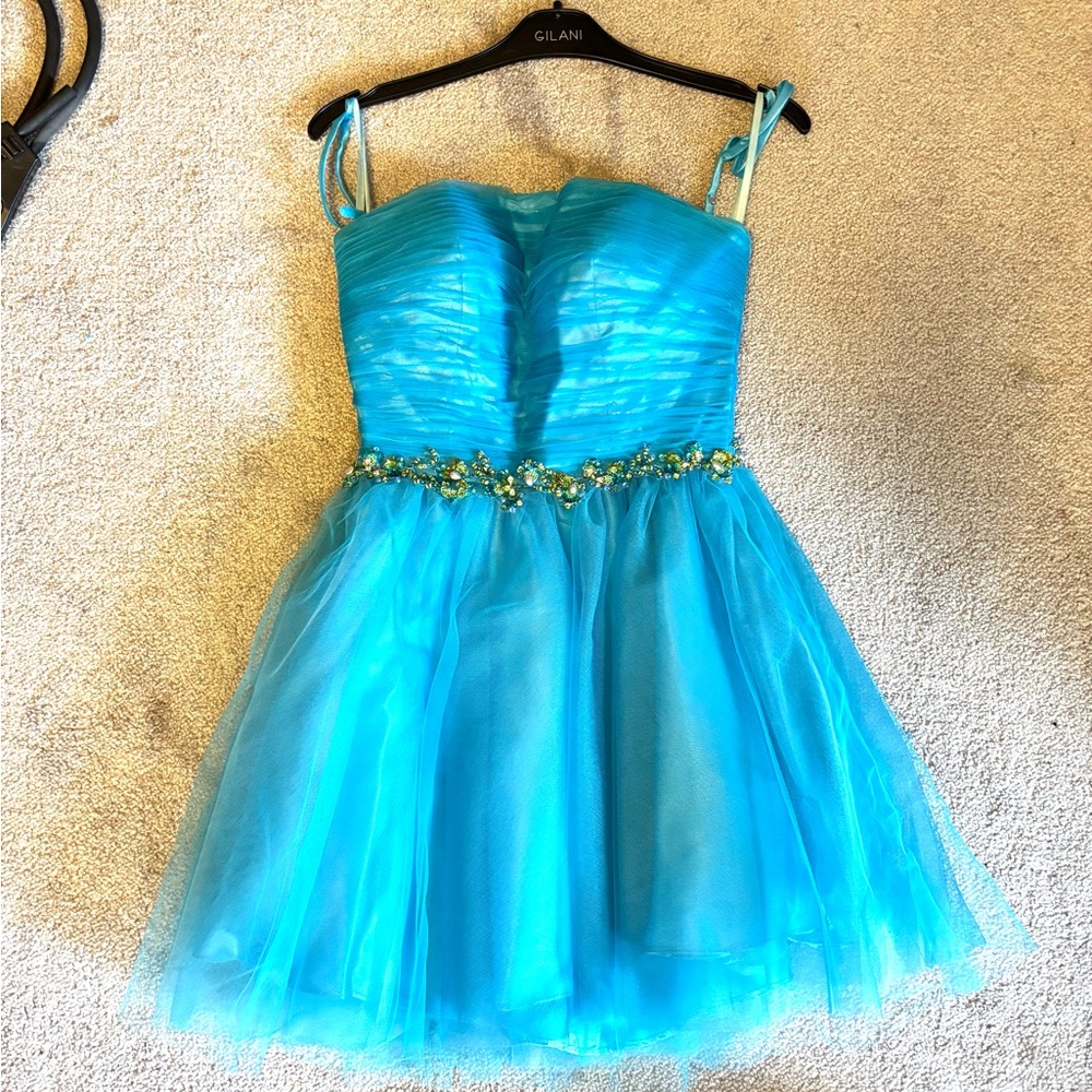 Blue Ruched Embellished Fit and Flare Prom Dress